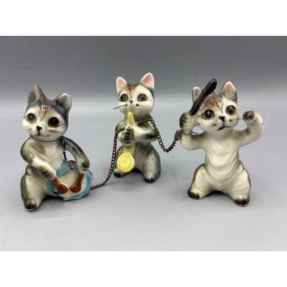 Vtg Nov Co Japana Ceramic Cat Figurine Trio Playing Instruments Connected Chain - Picture 1 of 6